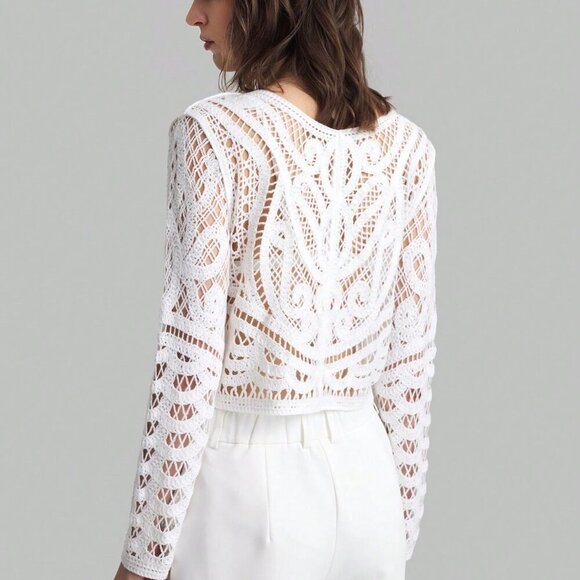 White Casual Women's Crew Neck Long Sleeve Sheer Front Button Up Blouse - Picture 5 of 11